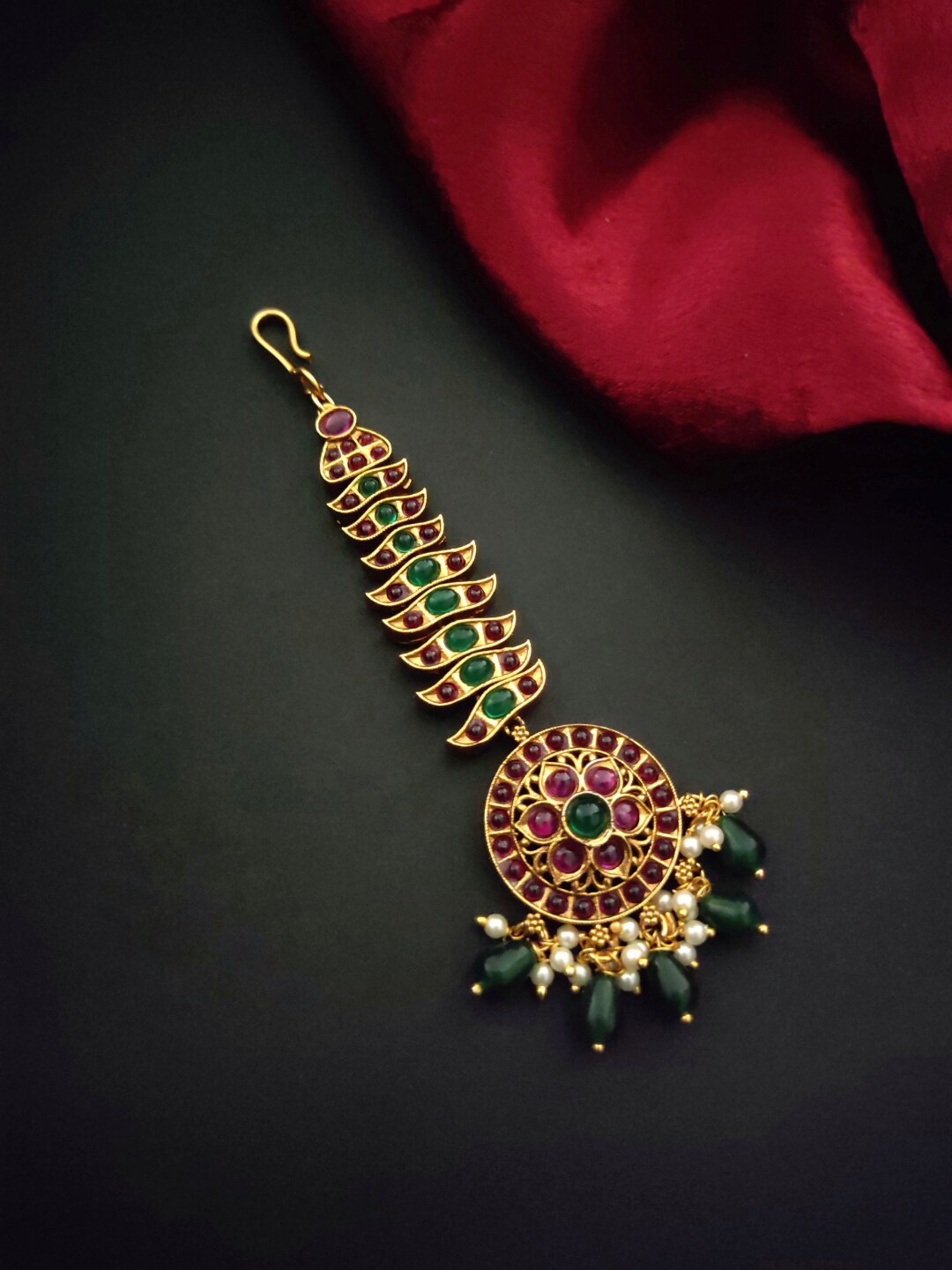 

Pihtara Jewels Gold-Plated Green & Pink Stone-Studded & Faux Pearls-Beaded Maang Tikka