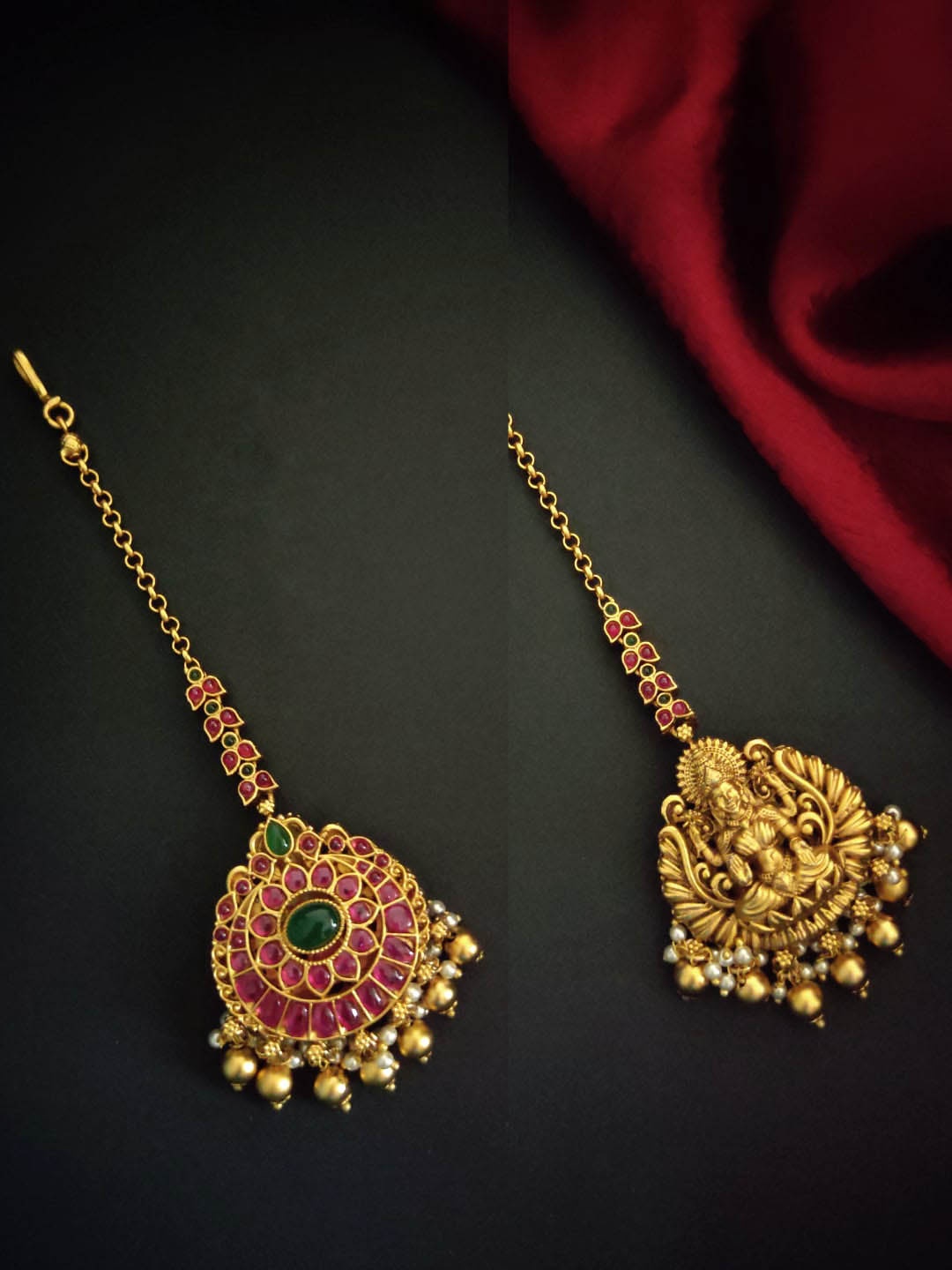 

Pihtara Jewels Gold-Plated Stone-Studded & Beaded Reversible Maang Tikka