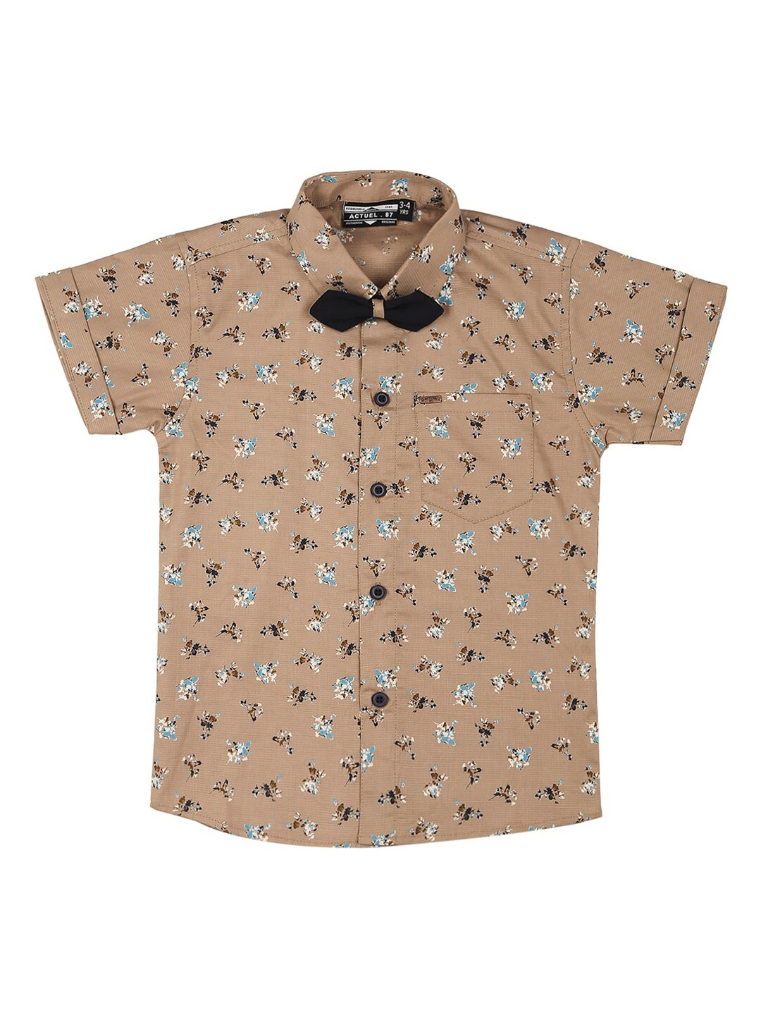 

Actuel Boys Floral Printed Pure Cotton Shirt With Bow, Brown