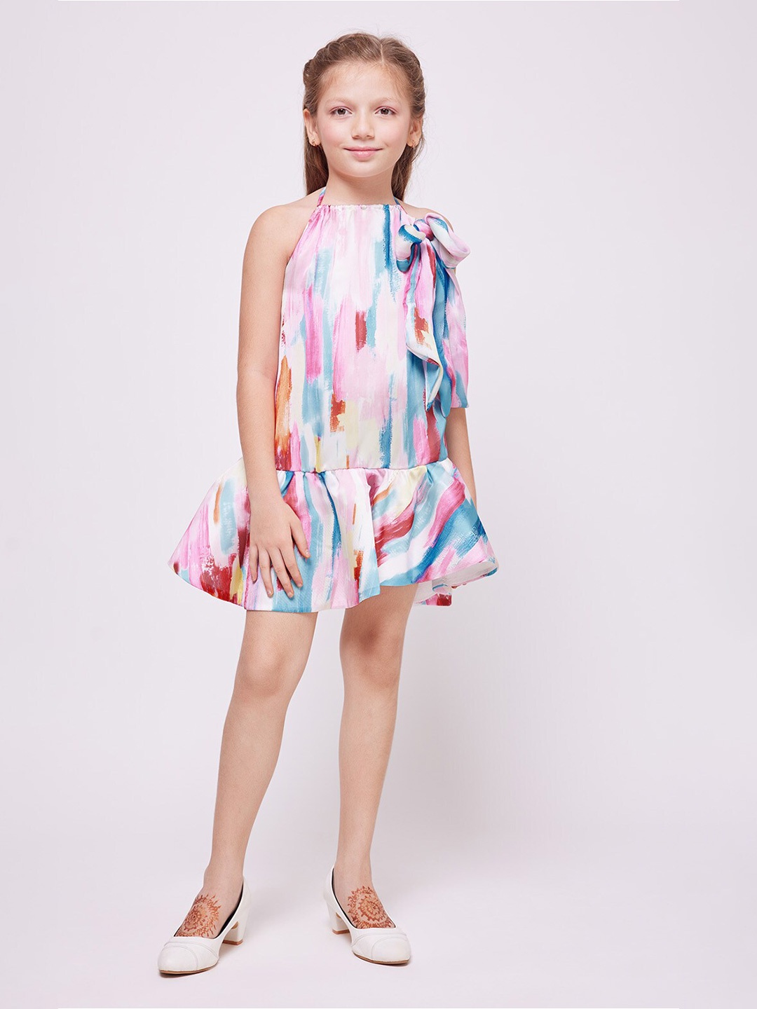

frangipani Girls Printed Halter Neck Cotton Drop-Waist Dress, White
