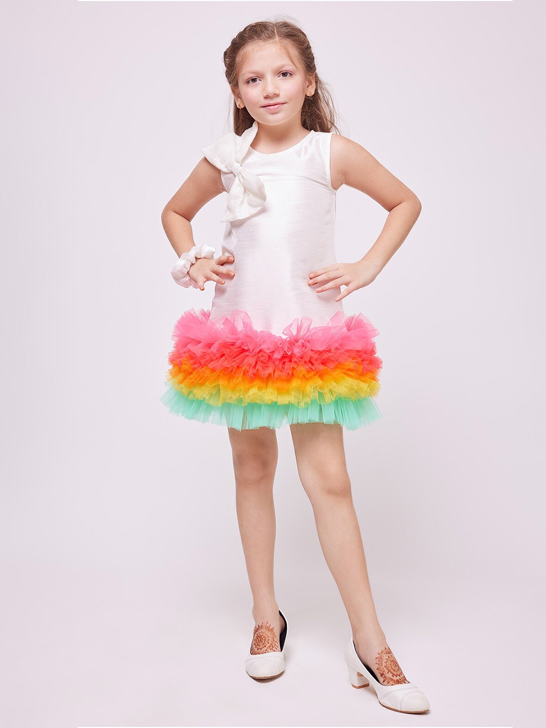

frangipani Girls Round Neck Ruffled A-Line Dress, White