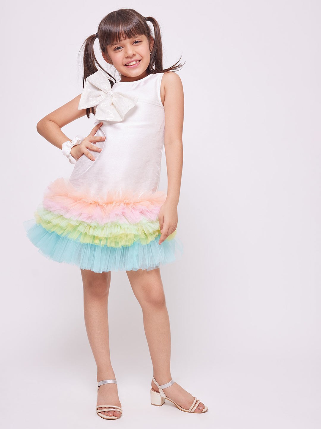 

frangipani Girls Bow Ruffles A-Line Dress, White