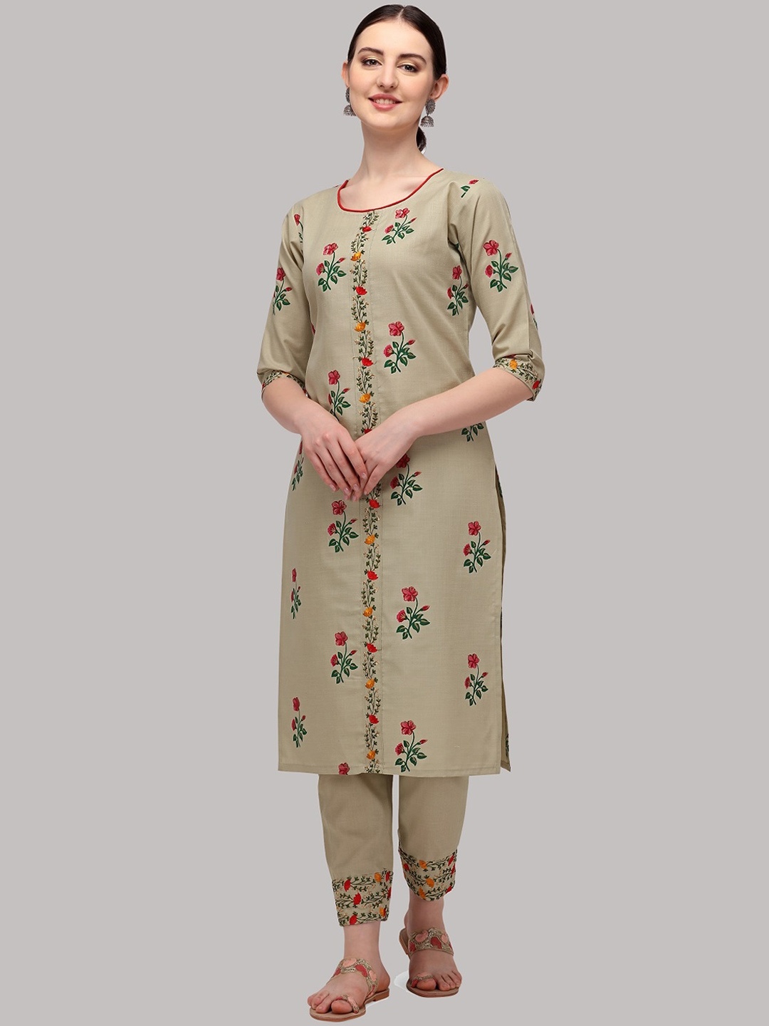 

Fashion Basket Ethnic Motifs Embroidered Regular Kurta with Trousers, Beige