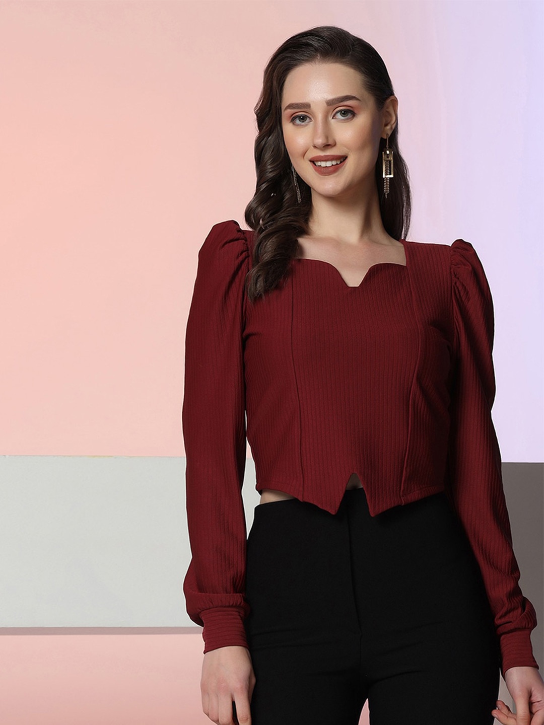 

Selvia Sweetheart Neck Puff Sleeve Top, Maroon