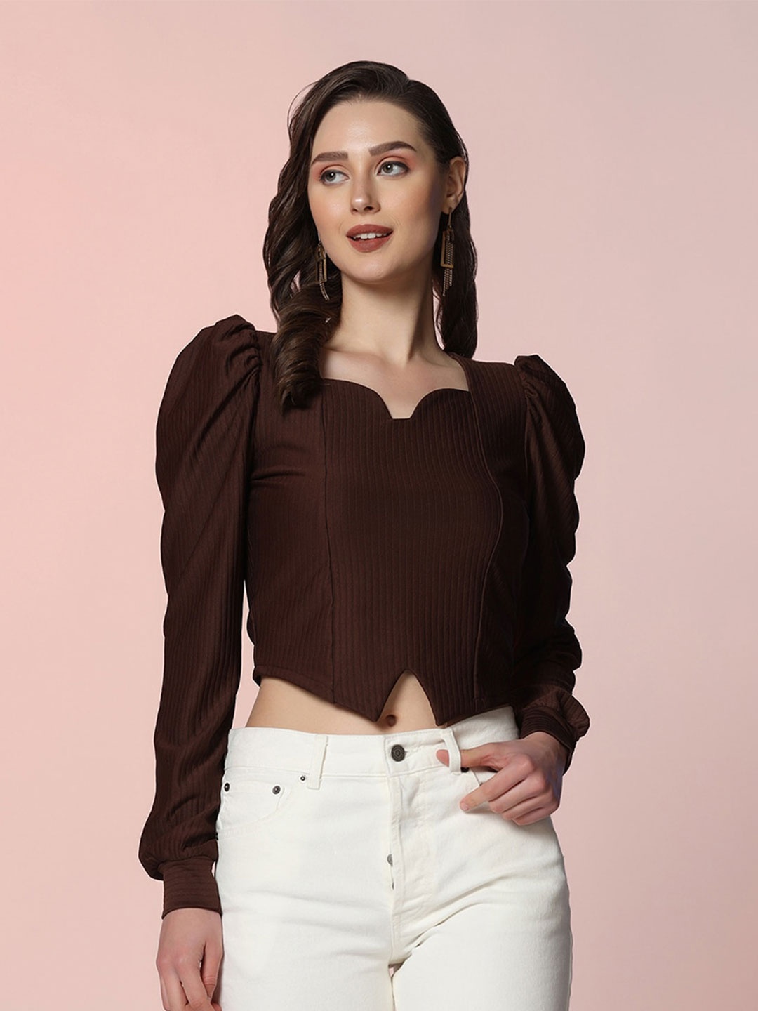 

Selvia Sweetheart Neck Puff Sleeve Top, Brown