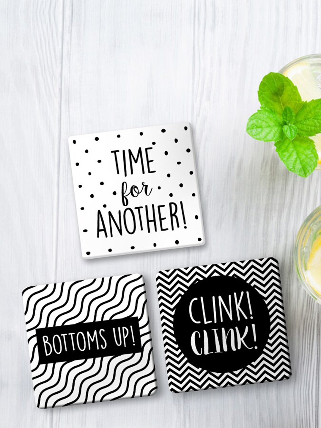 

The Art People 3-Pcs White & Black Printed MDF Wooden Square Coasters