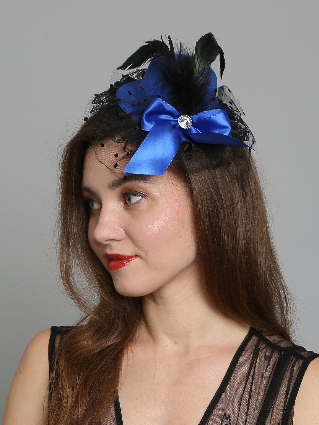 

COLOR STYLE Women Flower Mesh Ribbons Feathers Fedoras Hat Hairband, Blue