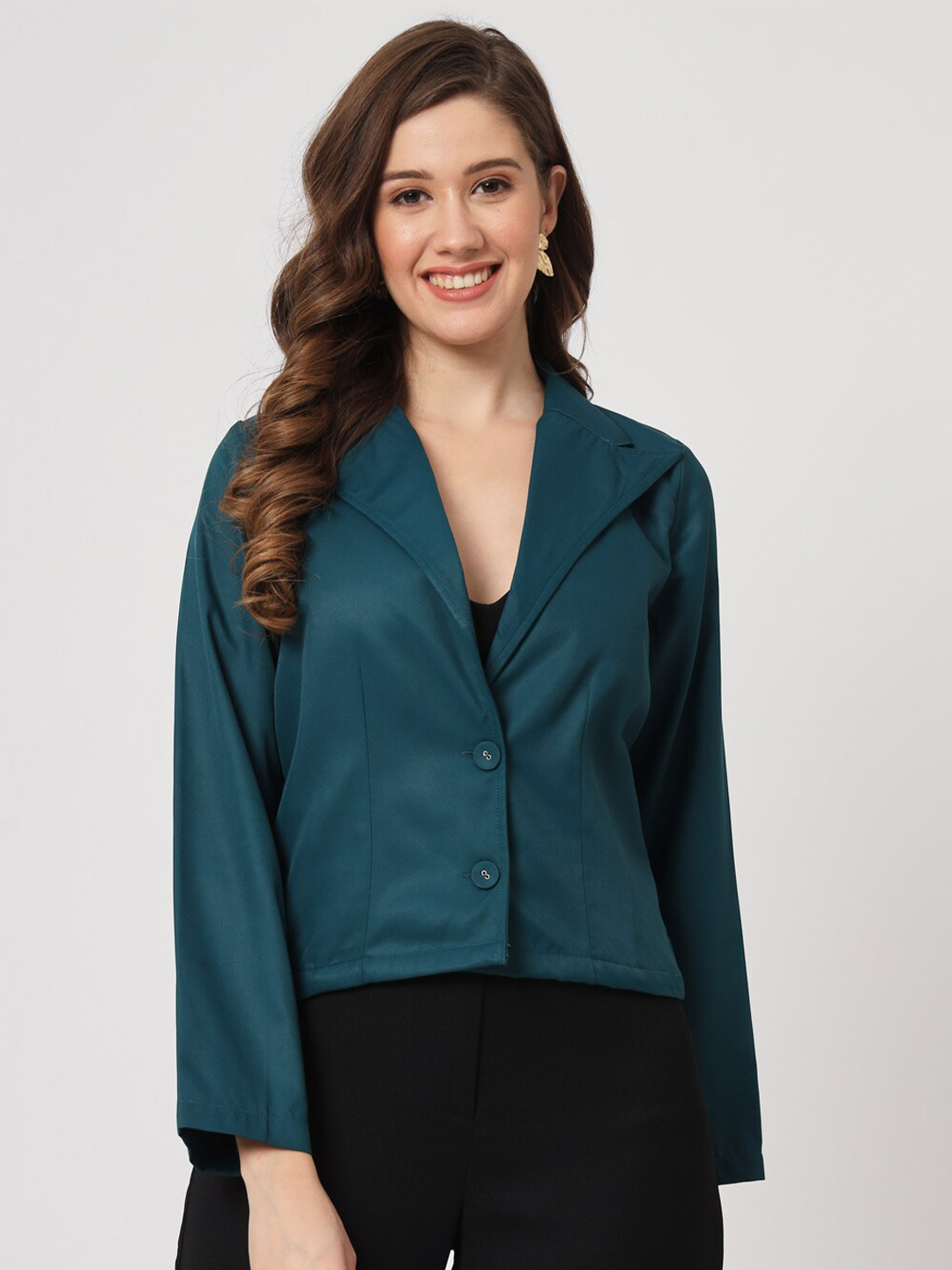 

CUFFS N LASHES Solid Peaked Lapel Single Breasted Regular Cotton Blazer, Teal