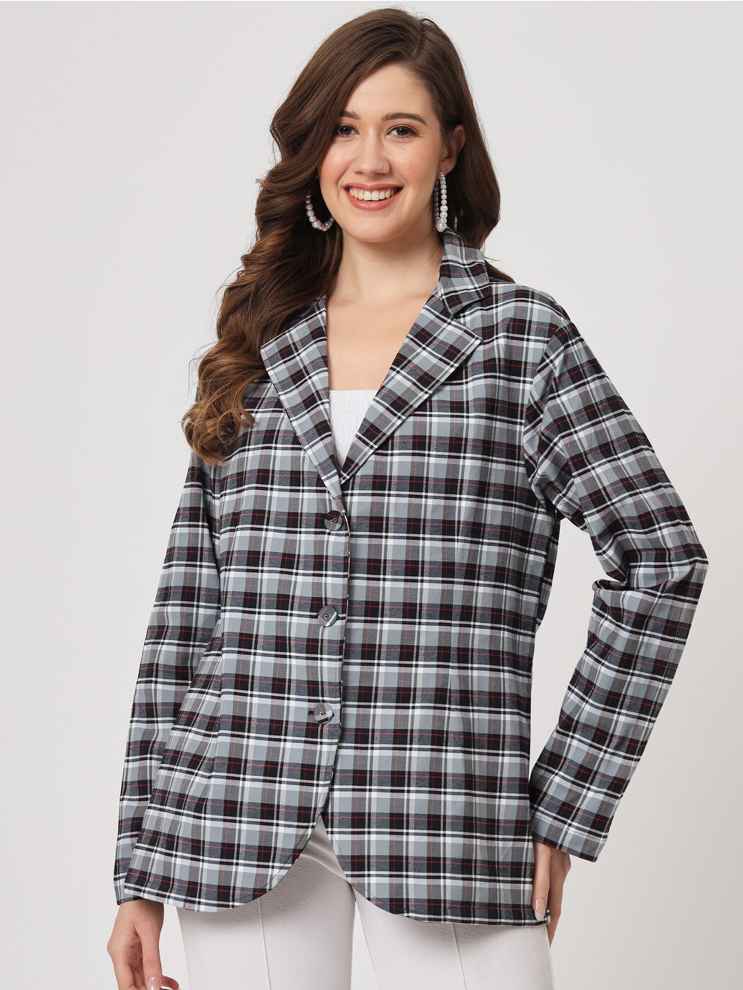 

CUFFS N LASHES Checked Notched Lapel Single Breasted Regular Cotton Blazer, Black