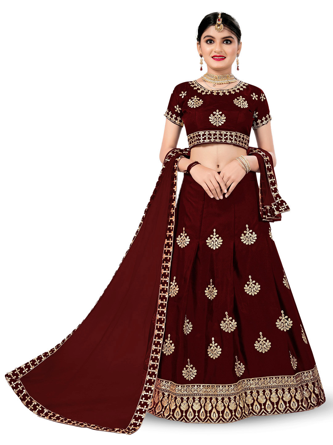 

WTWC FAB Girls Embroidered Semi-Stitched Lehenga & Unstitched Blouse With Dupatta, Maroon
