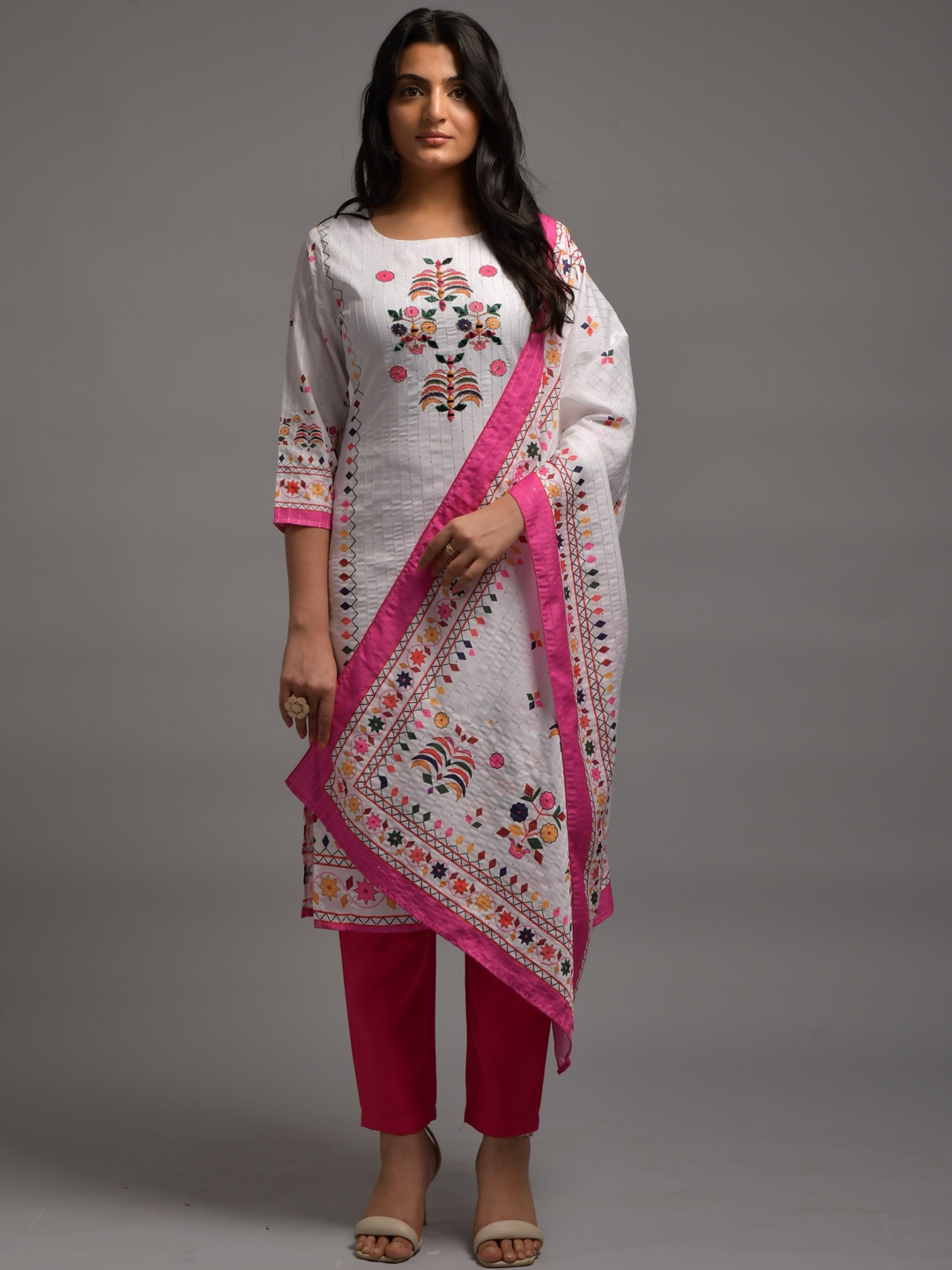 

KALINI Ethnic Motifs Embroidered & Printed Kurta With Trousers & Dupatta, White