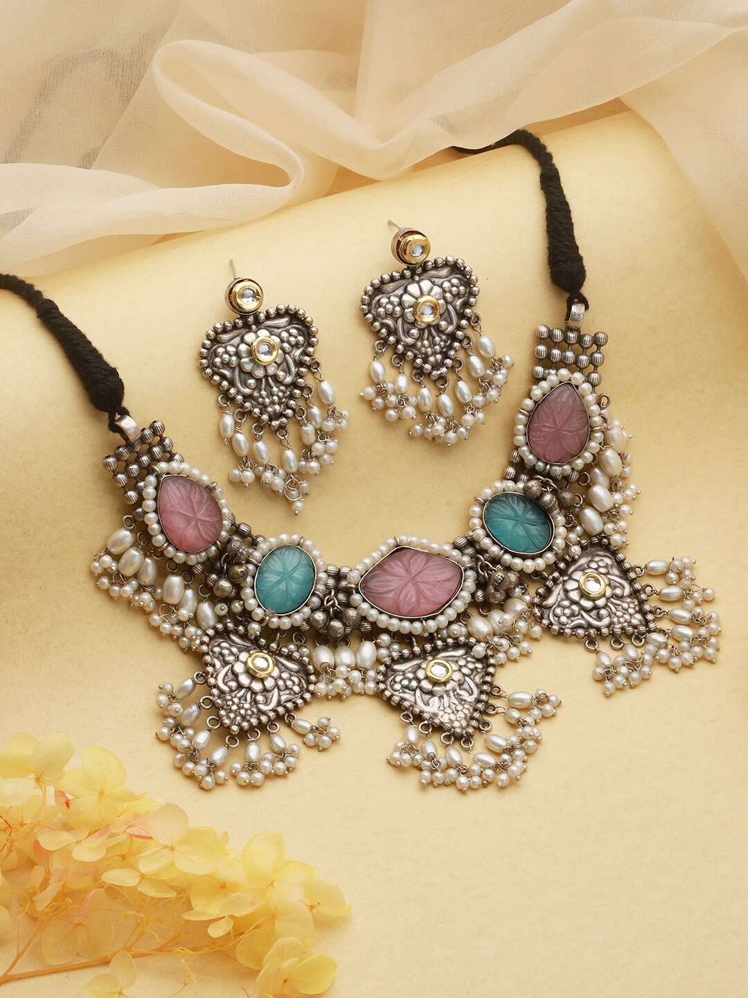 

Saraf RS Jewellery Oxidised Rhodium-Plated Stone Studded & Beaded Jewellery Set, Silver