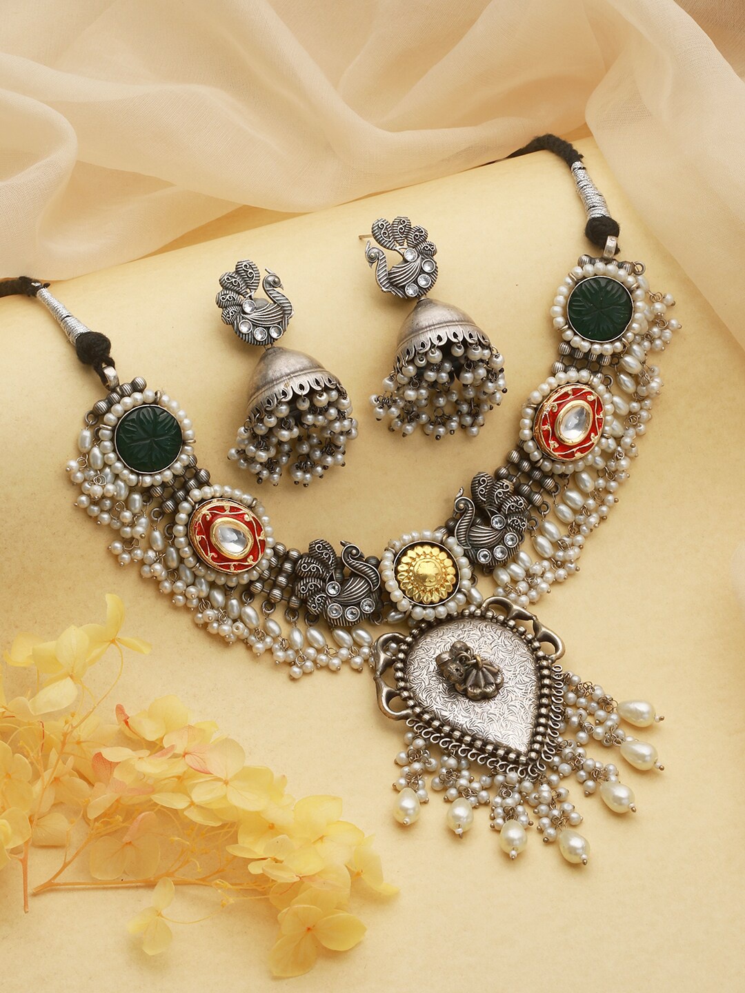 

Saraf RS Jewellery Rhodium-Plated AD-Studded & Pearl Beaded Jewellery Set, Silver