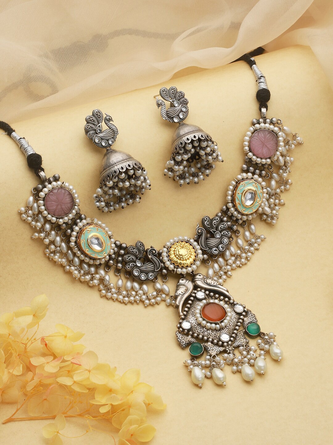 

Saraf RS Jewellery Oxidised Rhodium-Plated Kundan Studded & Pearl Beaded Jewellery Set, Steel