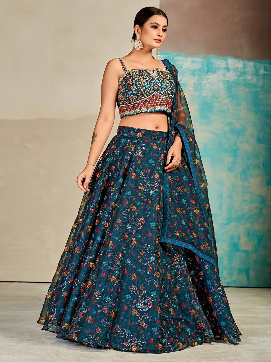 

ODETTE Embroidered Thread Work Ready to Wear Lehenga & Blouse With Dupatta, Teal