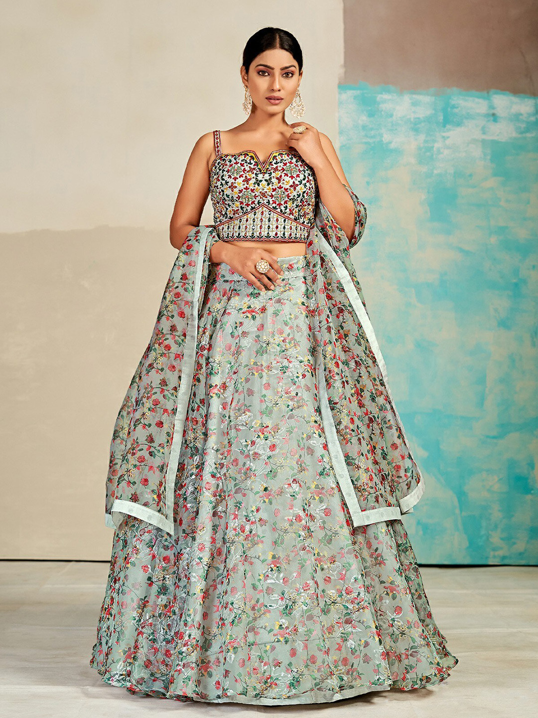 

ODETTE Embroidered Ready to Wear Lehenga & Blouse With Dupatta, Grey