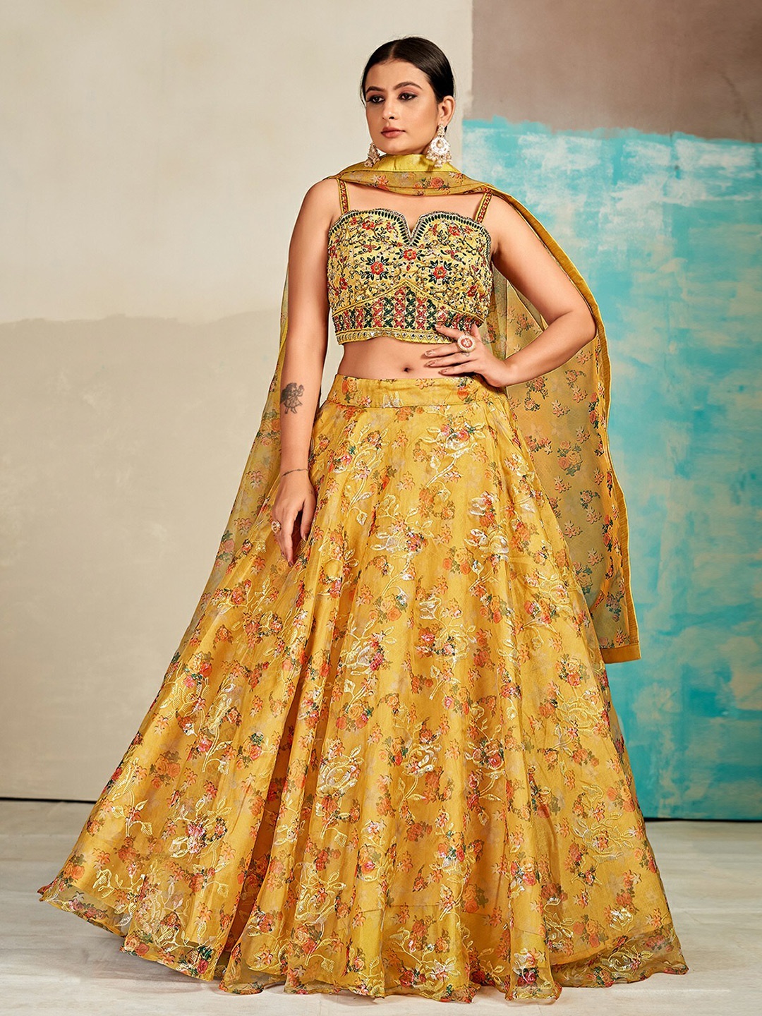 

ODETTE Embroidered Ready to Wear Lehenga & Blouse With Dupatta, Mustard