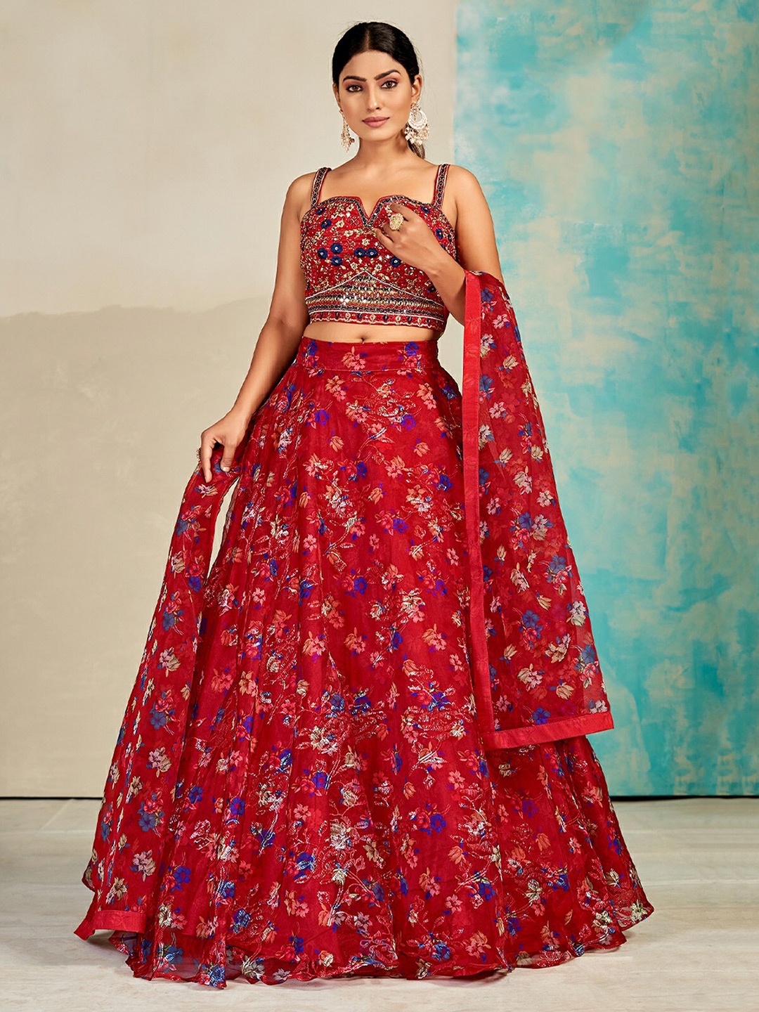 

ODETTE Embroidered Ready to Wear Lehenga & Blouse With Dupatta, Red