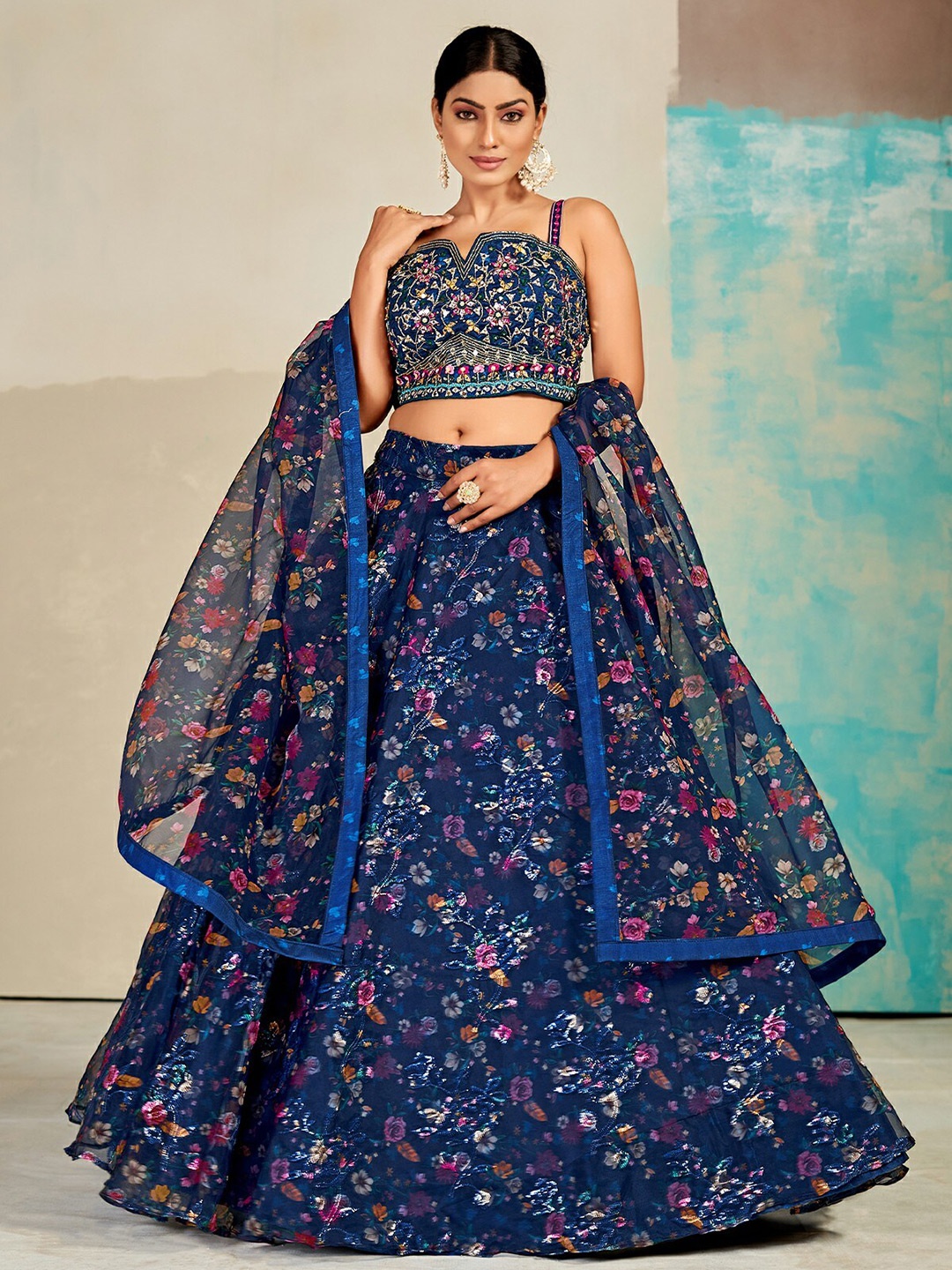 

ODETTE Embroidered Ready to Wear Lehenga & Blouse With Dupatta, Blue