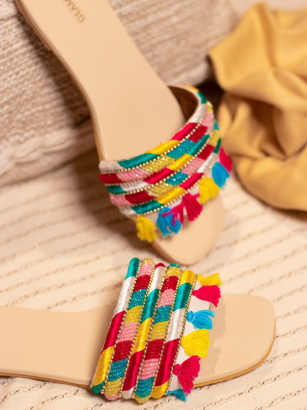 

GLAM STORY Women Embellished Fabric Open Toe Flats With Tassels, Yellow