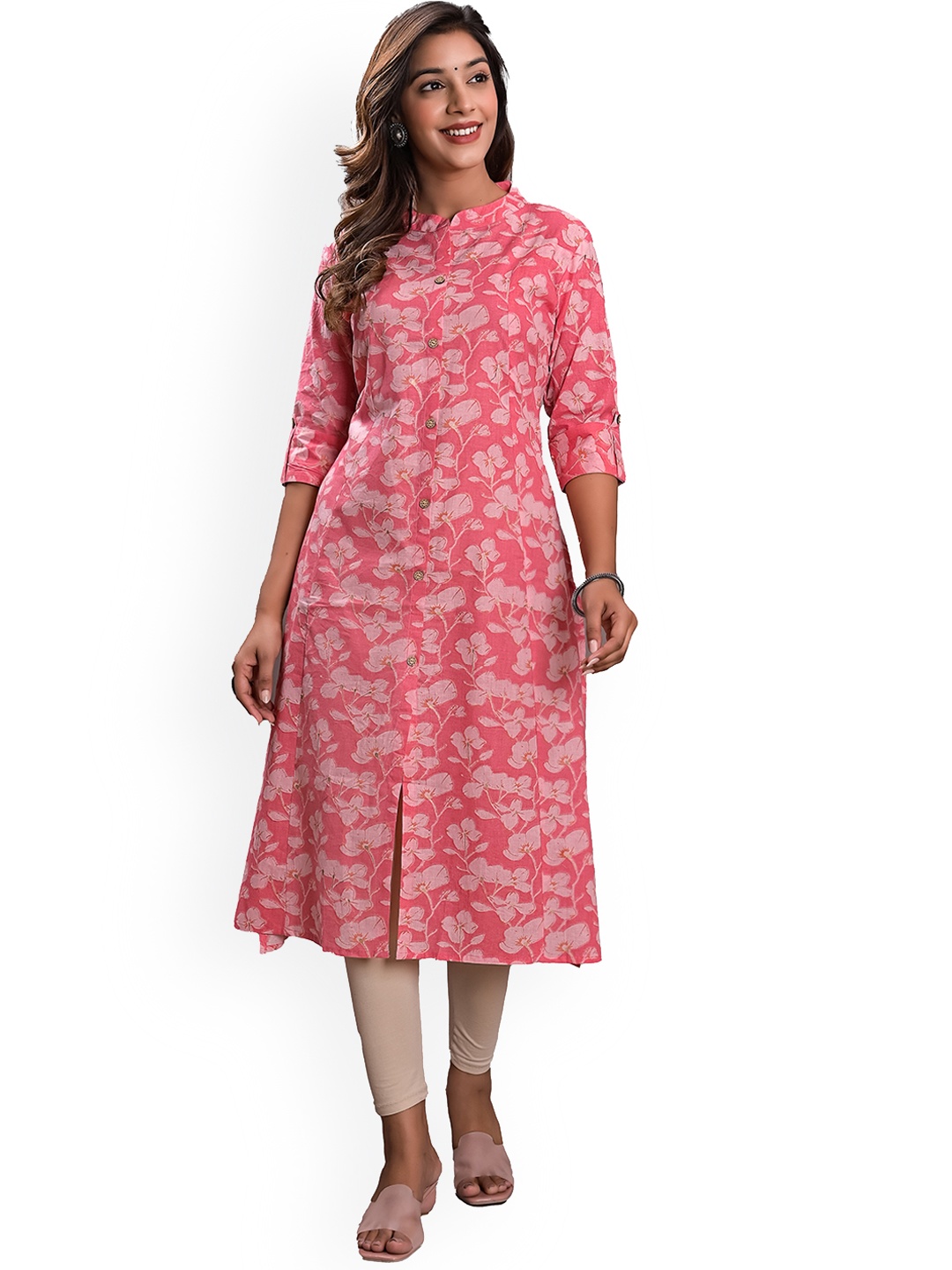 

KASHEEDA Floral Printed Cotton A-Line Kurta, Pink