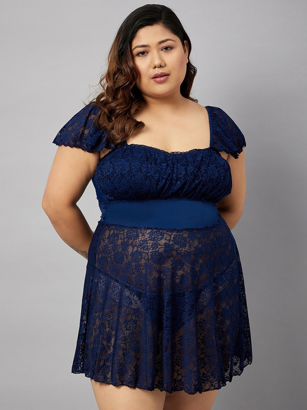 

Curves By ZeroKaata Plus Size Self Design Baby Doll, Navy blue