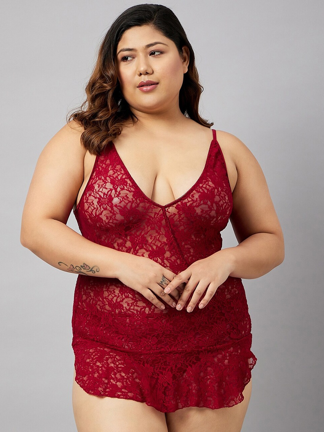 

Curves By ZeroKaata Plus Size Self Design Baby Doll, Maroon