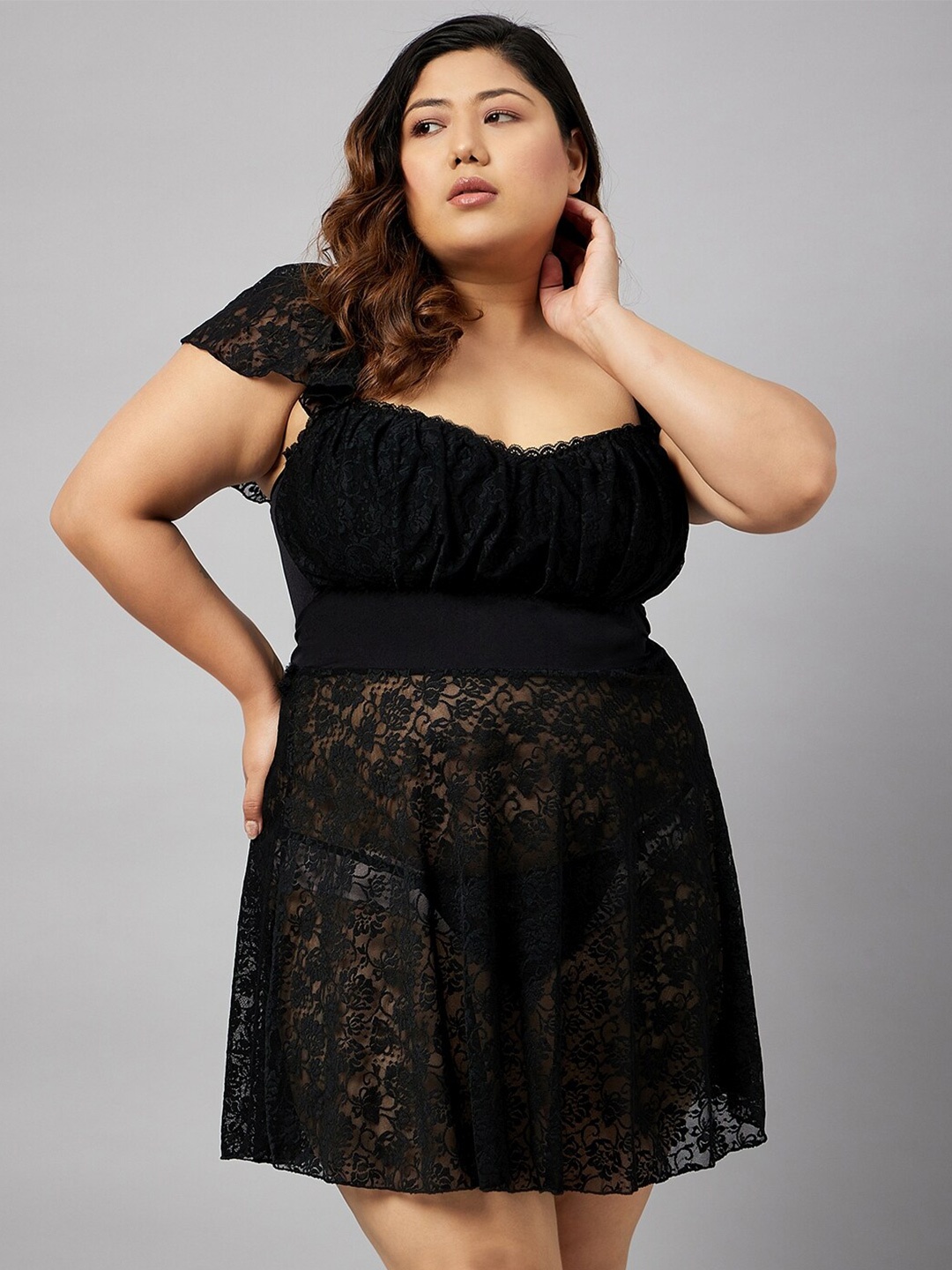 

Curves By ZeroKaata Plus Size Self Design Baby Doll, Black