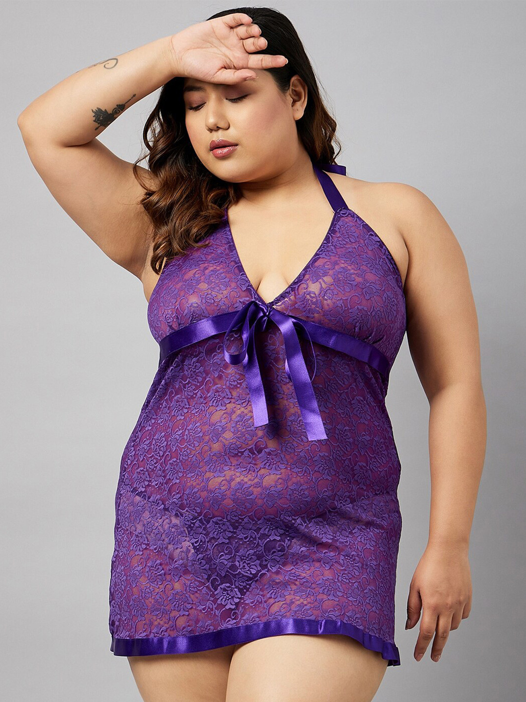 

Curves By ZeroKaata Plus Size Self Design Baby Doll, Purple