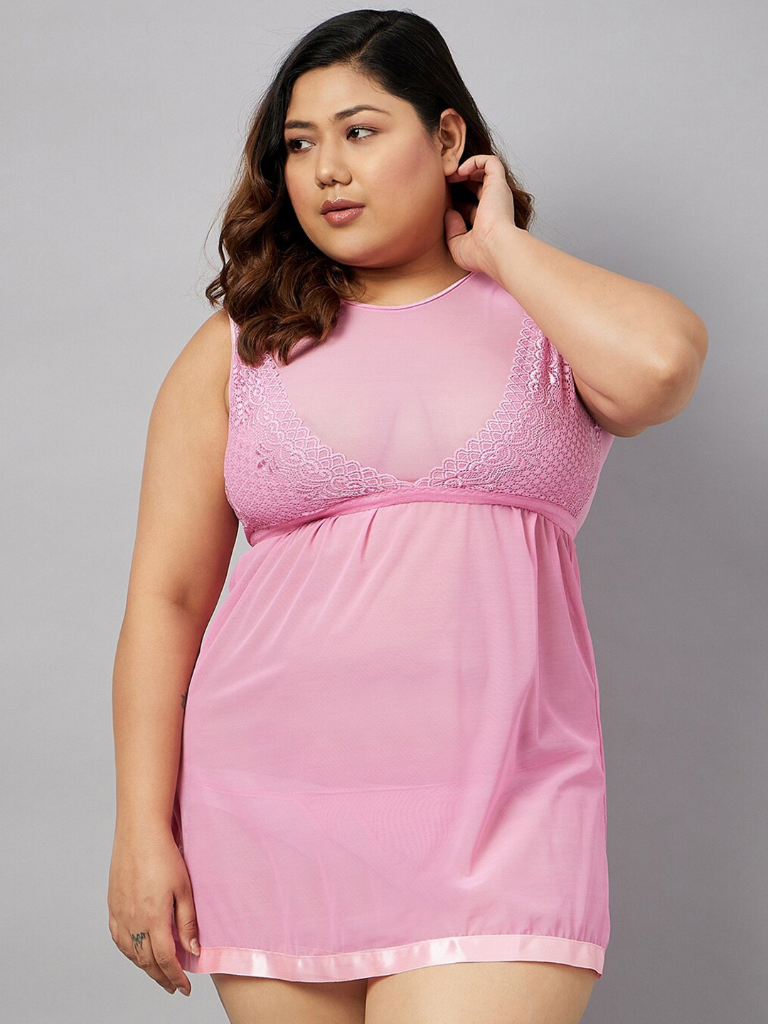 

Curves By ZeroKaata Women Plus Size Self Design Net Baby Doll With Thong Briefs, Pink