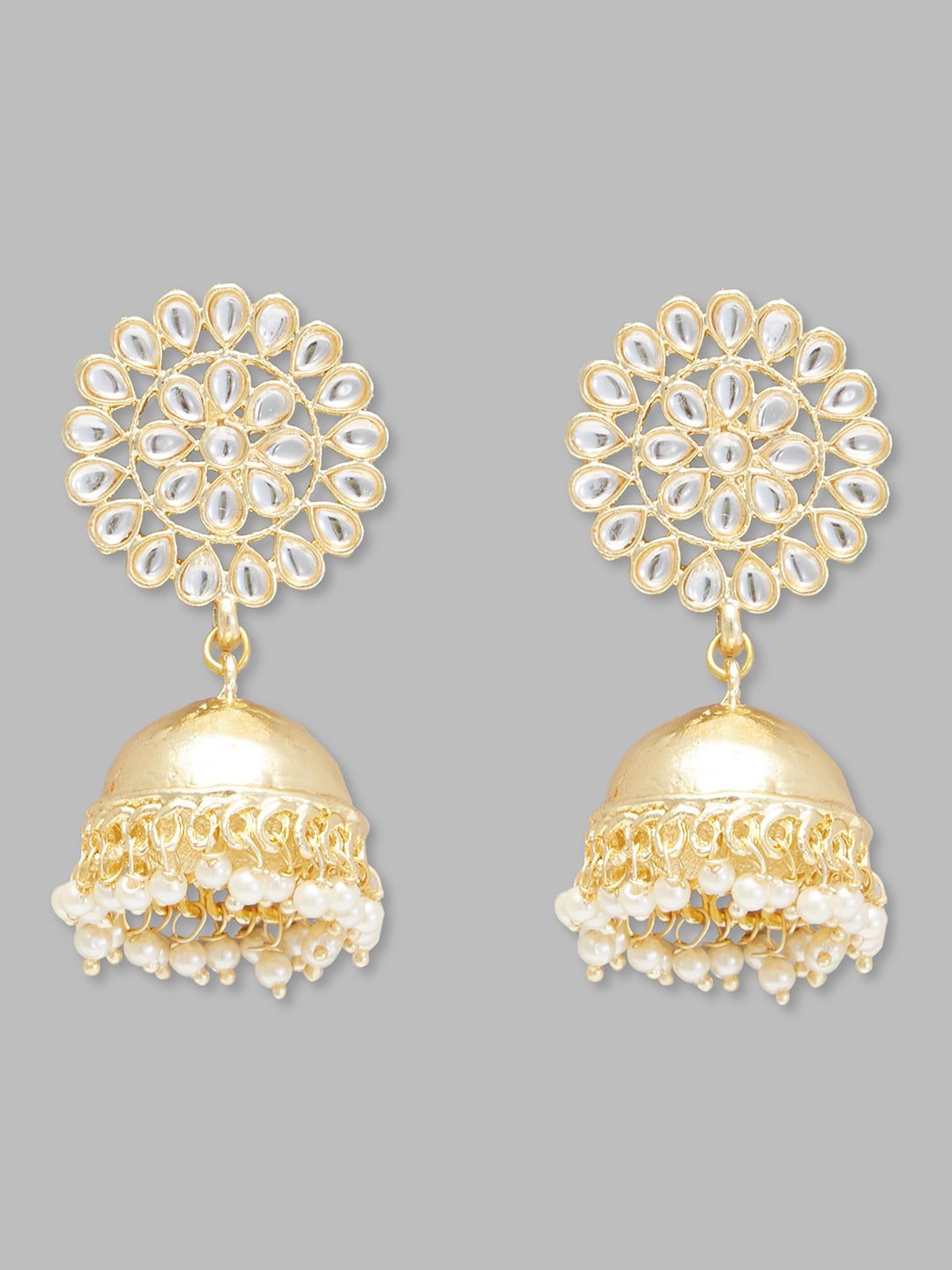

Globus Gold-Plated Dome Shaped Kundan Studded And Beaded Jhumkas