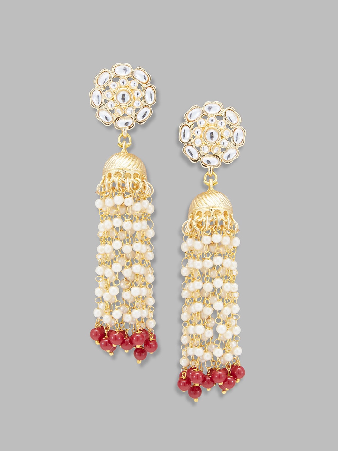 

Globus Gold-Plated & White Kundan-Studded Dome Shaped Jhumkas