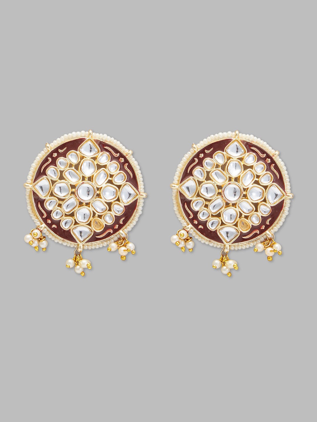 

Globus Gold-Toned And Red Gold-Plated Kundan-Studded Circular Studs Earrings