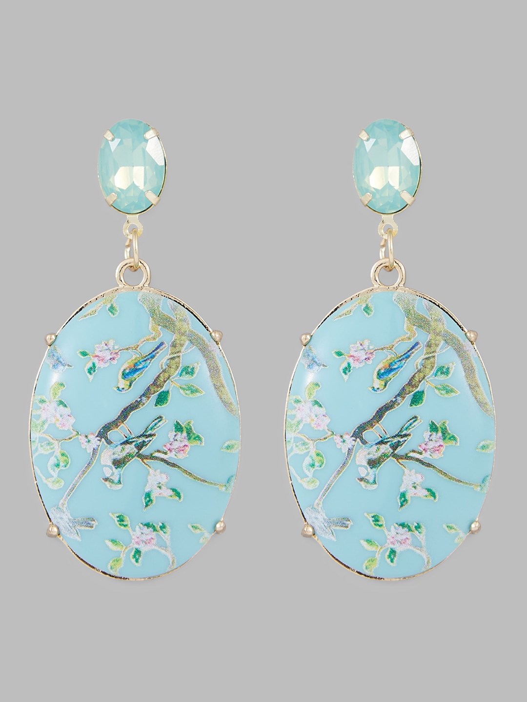 

Globus Gold-Plated & Blue Artificial Stone-Studded Oval Drop Earrings