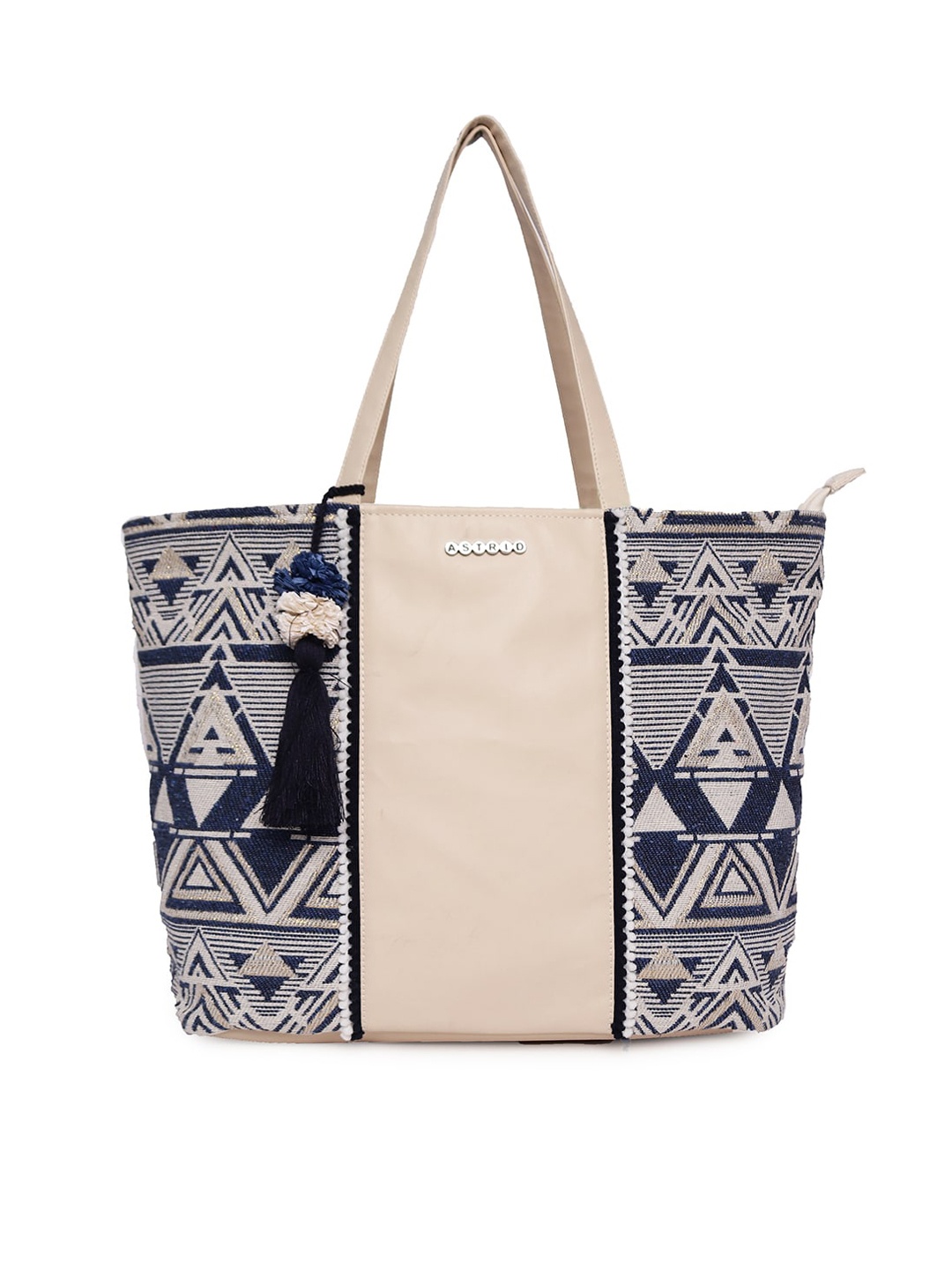 

ASTRID Geometric Printed Shopper Tote Bag With Tasselled, Cream