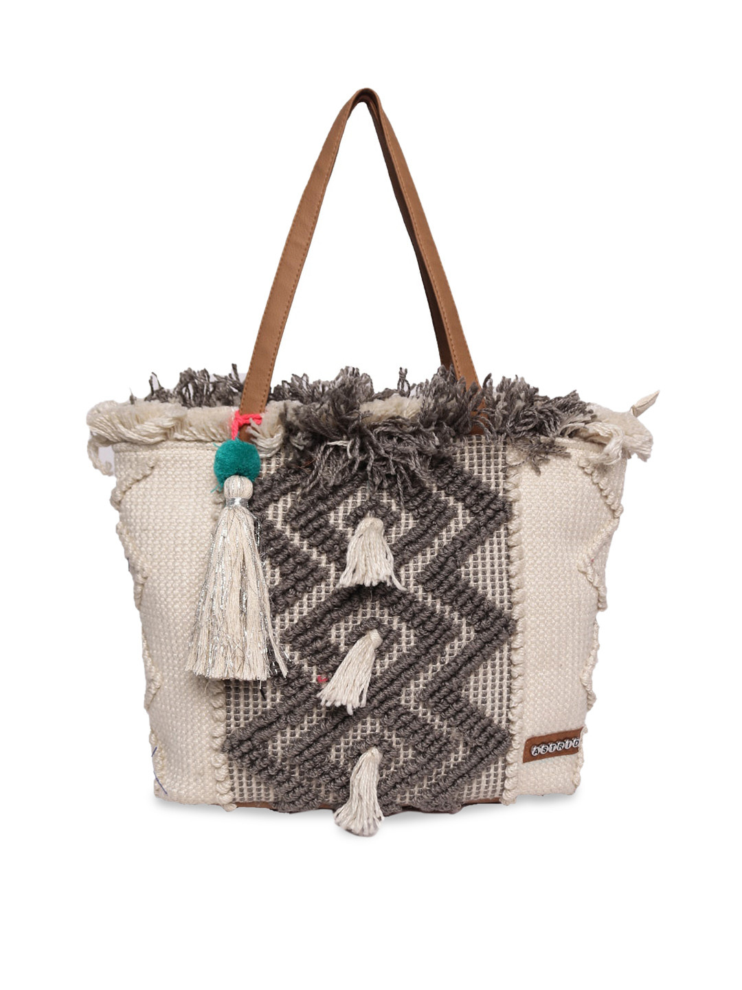 

ASTRID Geometric Self Design Oversized Shopper Tote Bag With Tasselled, Brown