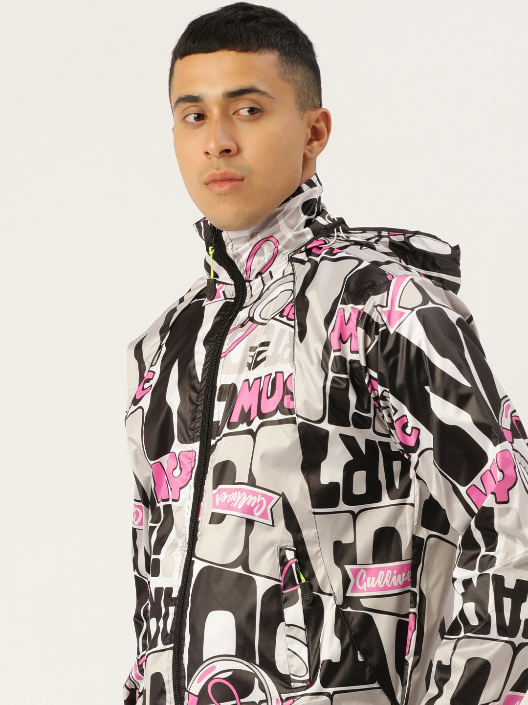 

Sports52 wear Typography Printed Detachable Hood Rain Jacket, Black