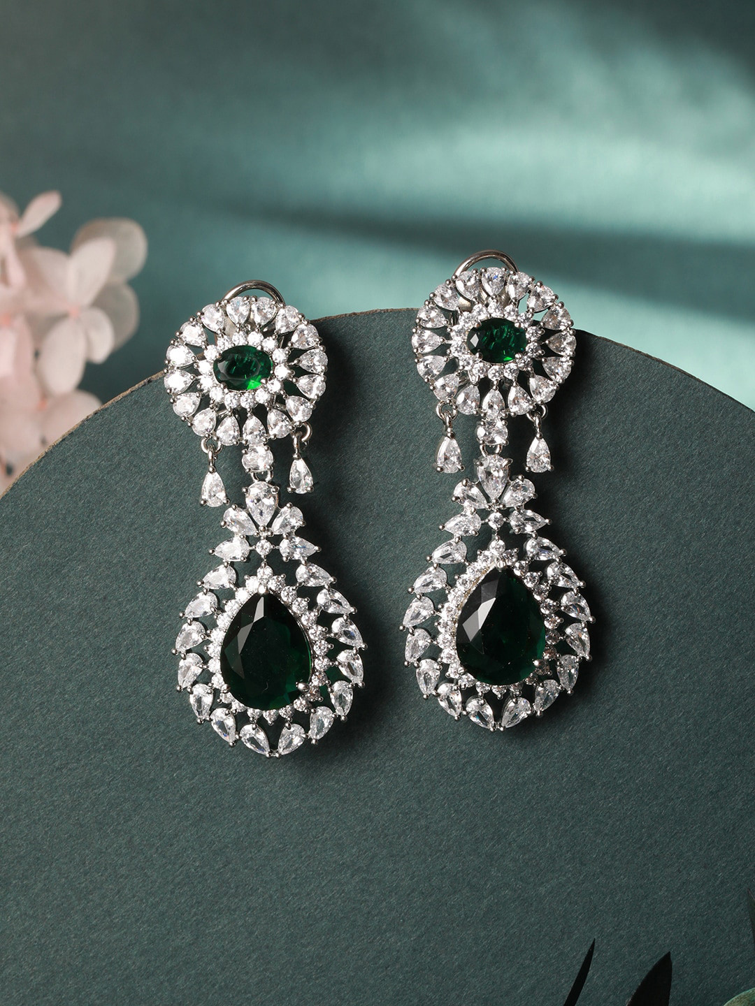 

Saraf RS Jewellery Silver-Plated AD-Studded Drop Earrings