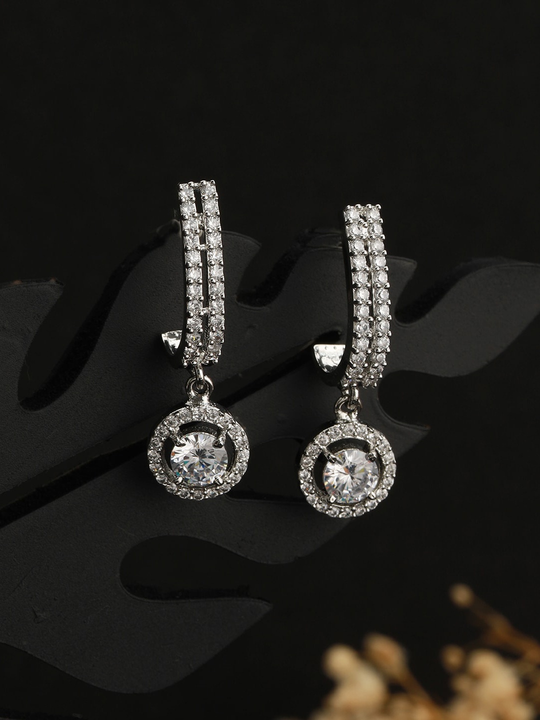 

Saraf RS Jewellery Silver-Plated CZ Studded Drop Earrings