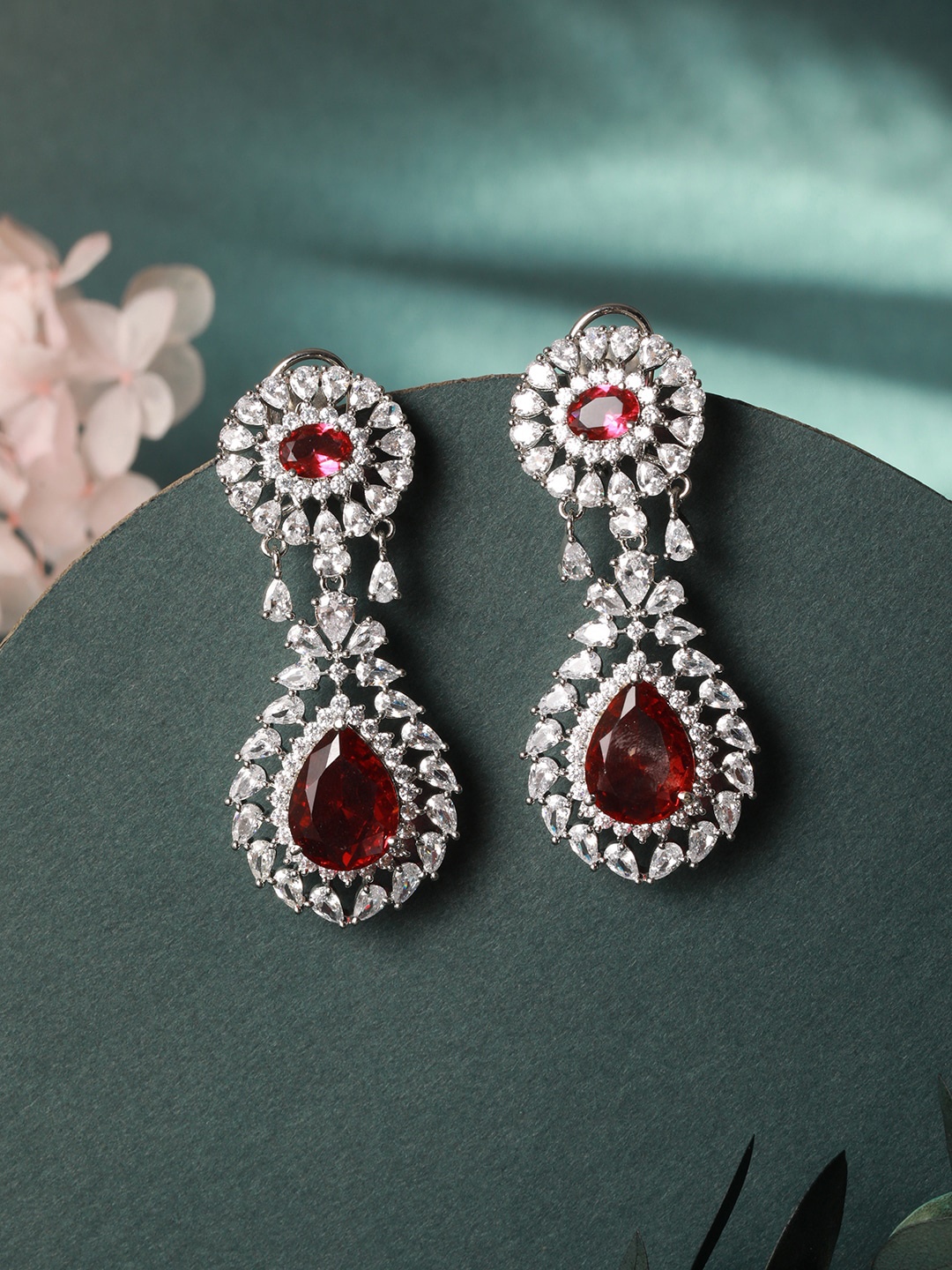 

Saraf RS Jewellery Silver-Plated CZ Studded Drop Earrings