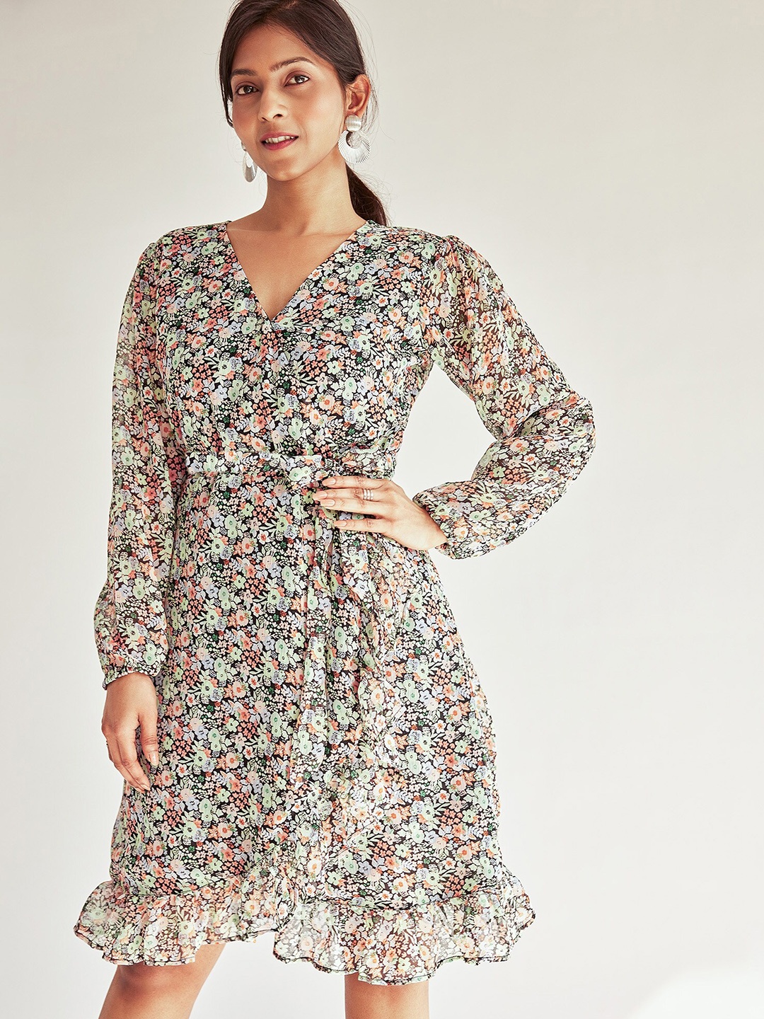 

The Label Life Floral Printed Wrap Dress, Black