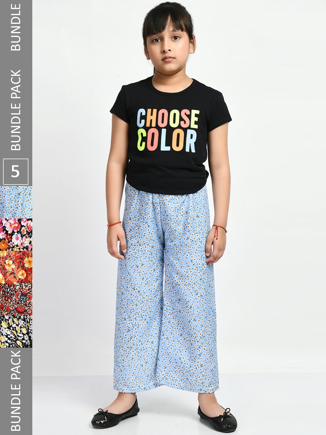 

IndiWeaves Girls Pack of 5 Floral Printed Lounge Pants, Blue