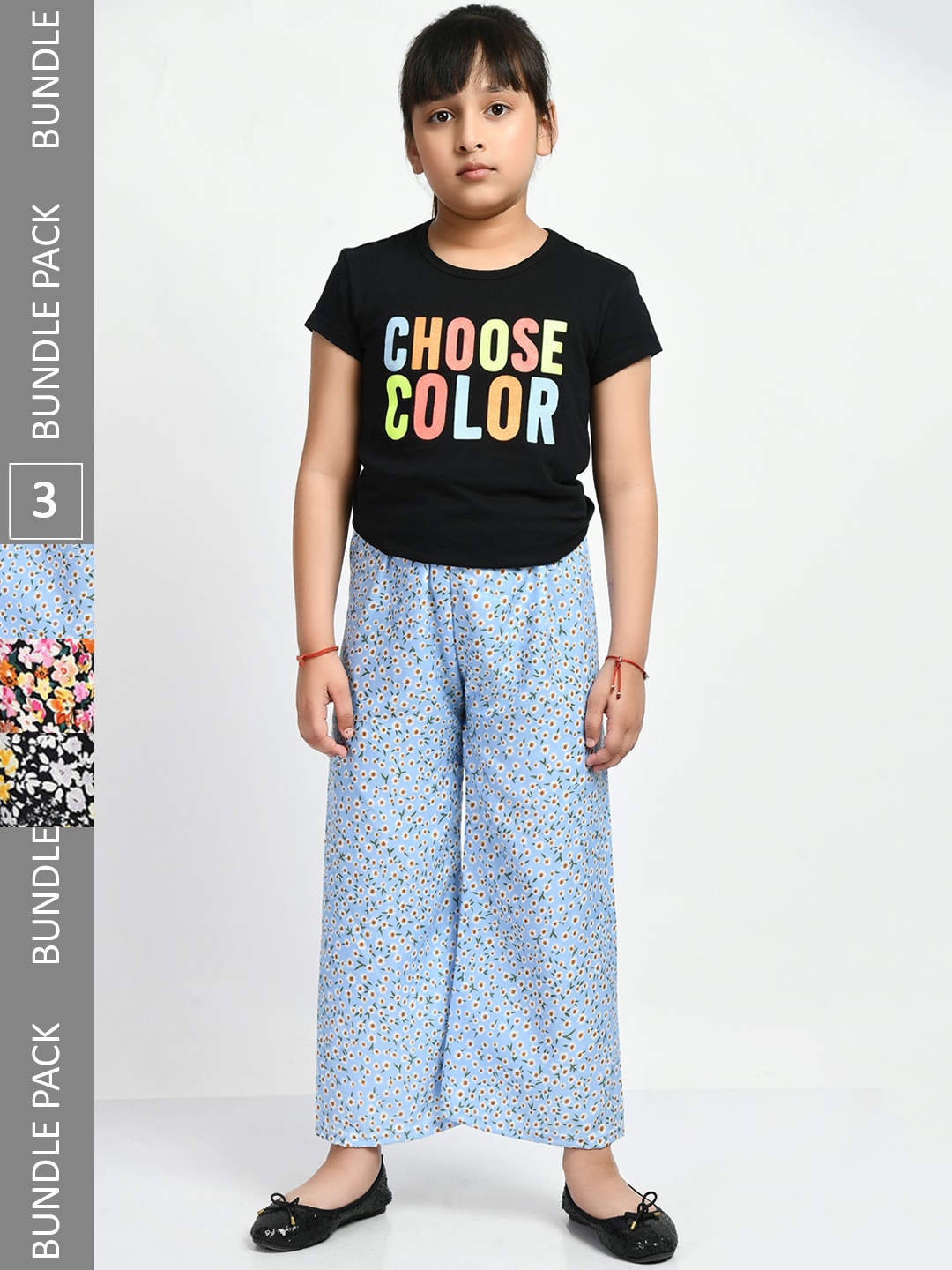 

IndiWeaves Girls Pack of 3 Floral Printed Lounge Pants, Blue