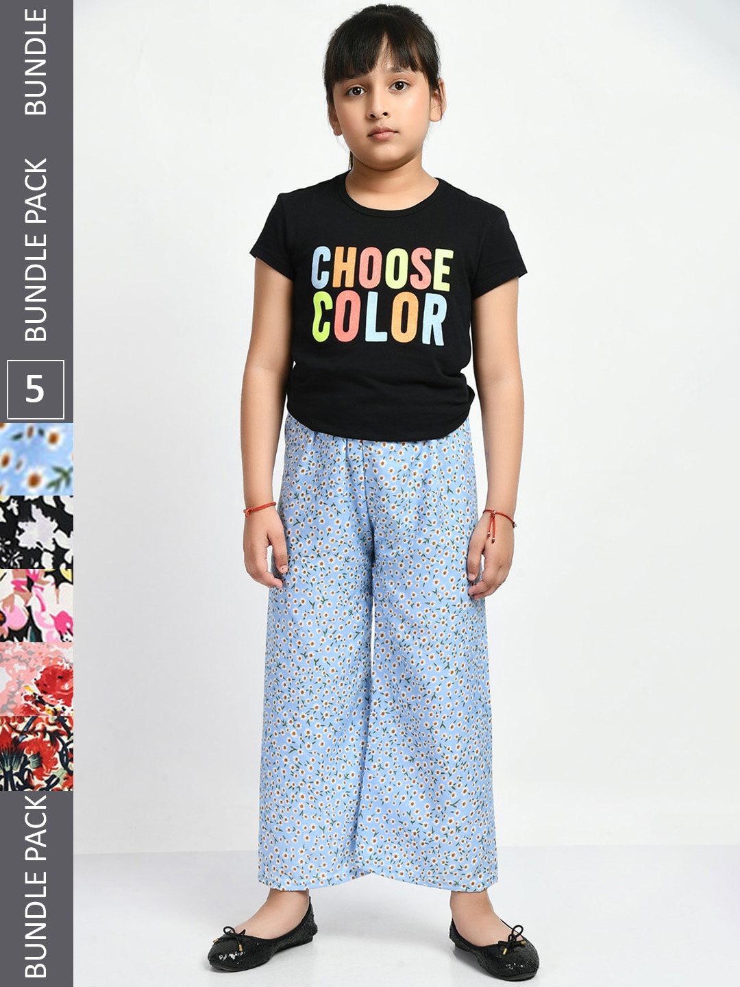 

IndiWeaves Girls Pack of 5 Floral Printed Lounge Pants, Blue