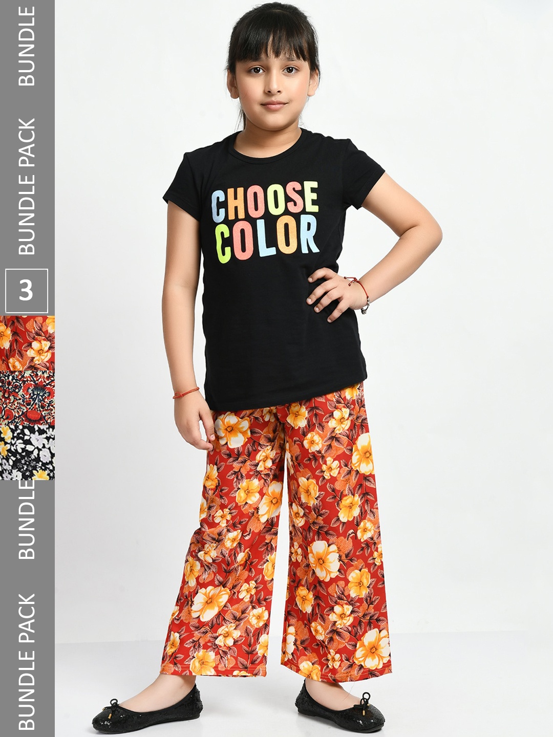 

IndiWeaves Girls Pack of 3 Floral Printed Lounge Pants, Orange