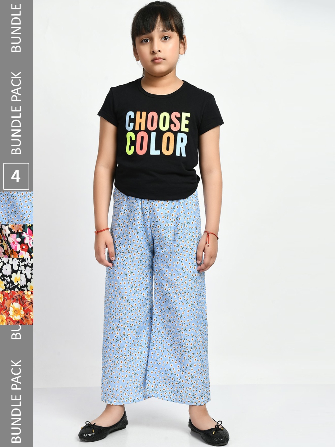 

IndiWeaves Girls Pack of 4 Floral Printed Lounge Pants, Blue