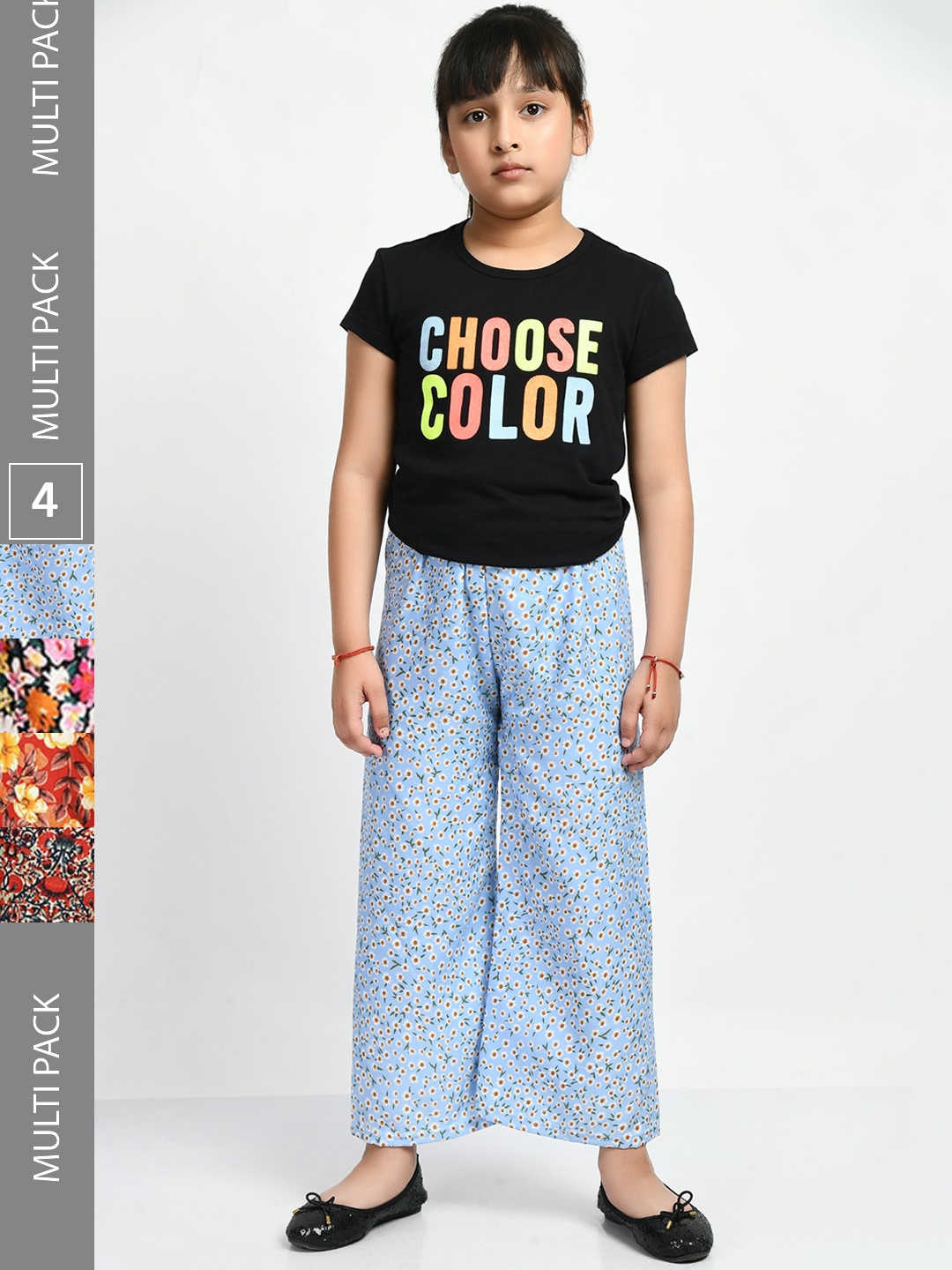 

IndiWeaves Girls Pack of 4 Floral Printed Lounge Pants, Blue