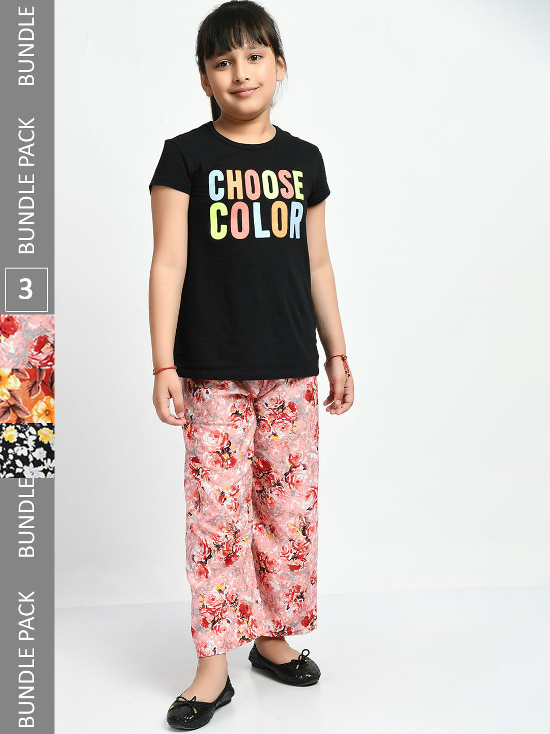 

IndiWeaves Girls Pack Of 3 Floral Printed Knitted Crepe Palazzos, Pink