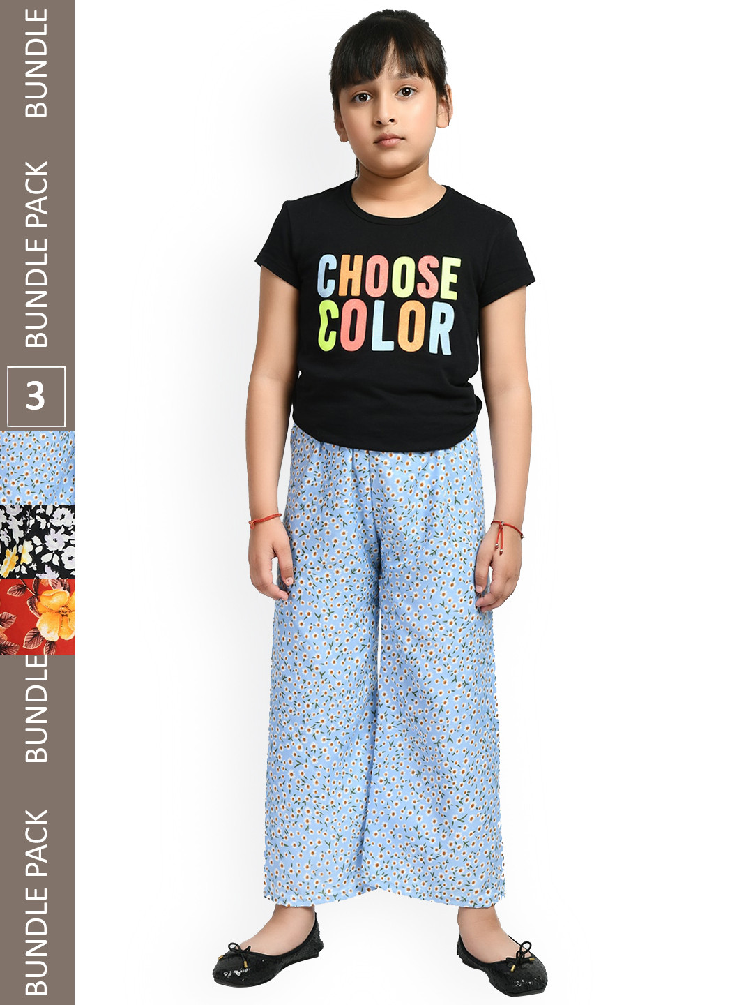 

IndiWeaves Girls Pack Of 3 Floral Printed Knitted Crepe Palazzos, Blue