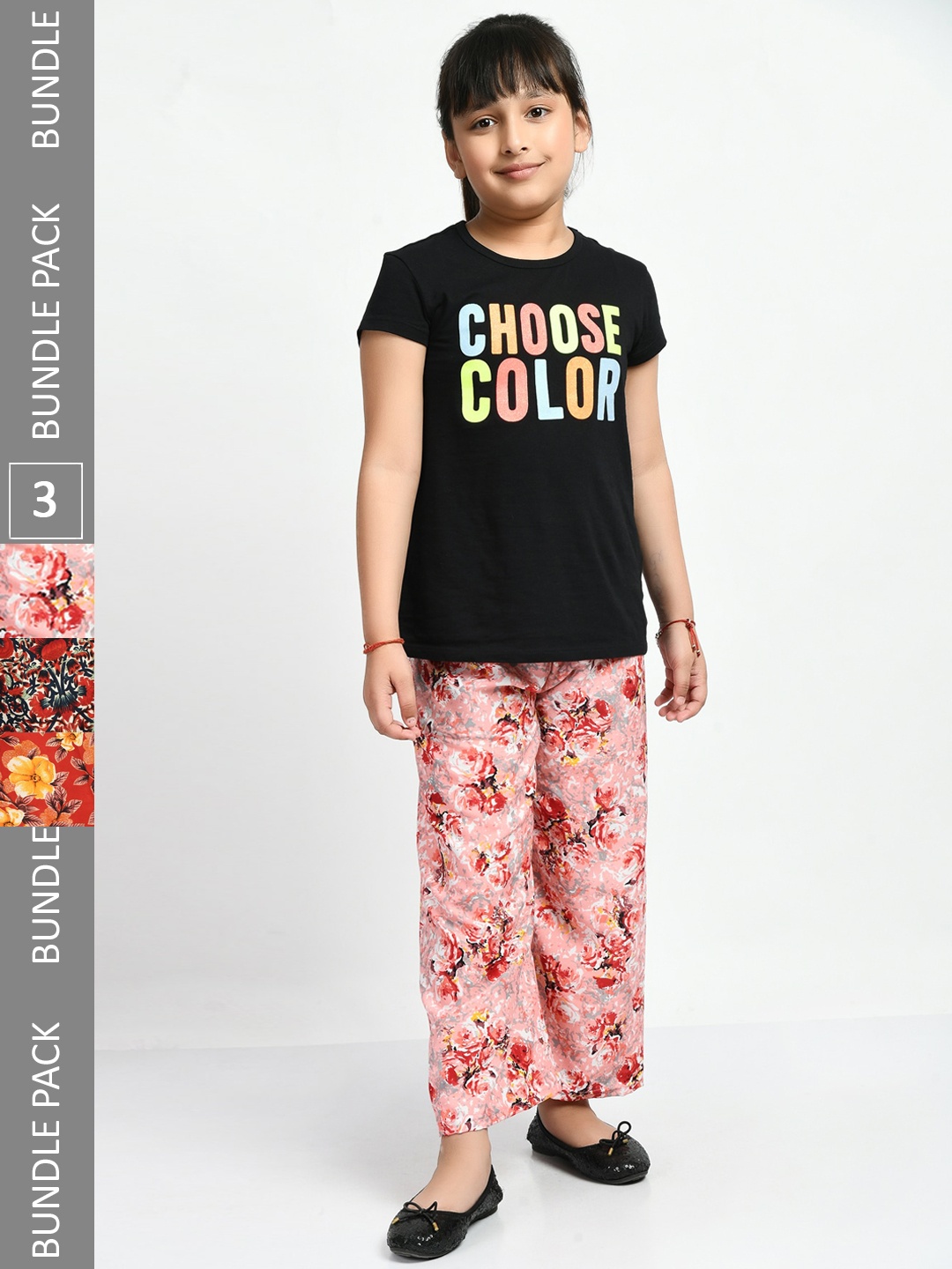 

IndiWeaves Girls Pack of 3 Printed Lounge Pants, Pink